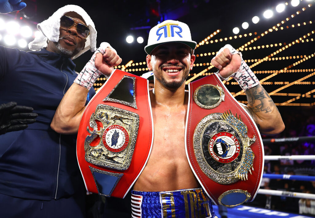 NEW YORK, NEW YORK - JUNE 18: Robeisy Ramirez celebrates after defeating Abraham Nova, during their featherweight fight, at The Hulu Theater at Madison Square Garden on June 18, 2022 in New York City. (Photo by Mikey Williams/Top Rank Inc via Getty Images)