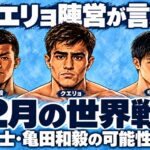 アルゼンチンの水色背景で、中央に大きくクエリョ、左に亀田和毅、右に中野幹士を配置したイラスト。2月の世界戦に言及と日本人2人の可能性を示し、右下に小さいBOX IS ARTロゴ。