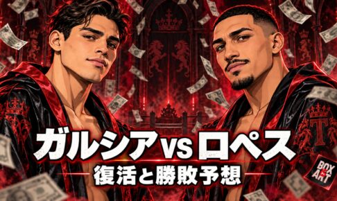 赤を基調としたアニメ風のライアン・ガルシアとテオフィモ・ロペス。微笑む2人の周囲に紙幣と1つのBOX IS ARTロゴが舞い落ちる。