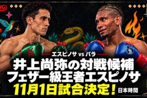 井上尚弥の対戦候補フェザー級王者エスピノサ、11月1日試合決定。エスピノサvsパラ、日本時間。