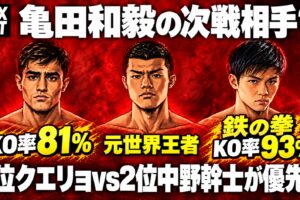 左からクエリョ、亀田和毅、中野幹士のアニメ風の顔。KO率81%、元世界王者、鉄の拳・KO率93%を添えた赤い背景のアイキャッチ