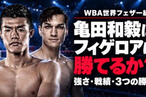 亀田和毅とブランドン・フィゲロア。「亀田和毅はフィゲロアに勝てるか？」の見出しを配した世界戦プレビュー画像
