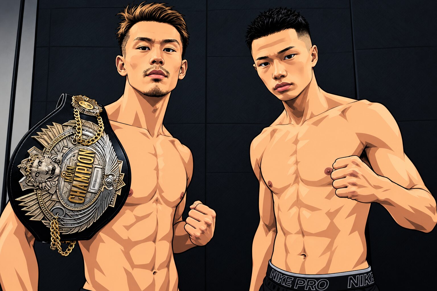 2023年の初対戦時の堤聖也（左）と増田陸（右）をもとにしたアニメ風イラスト