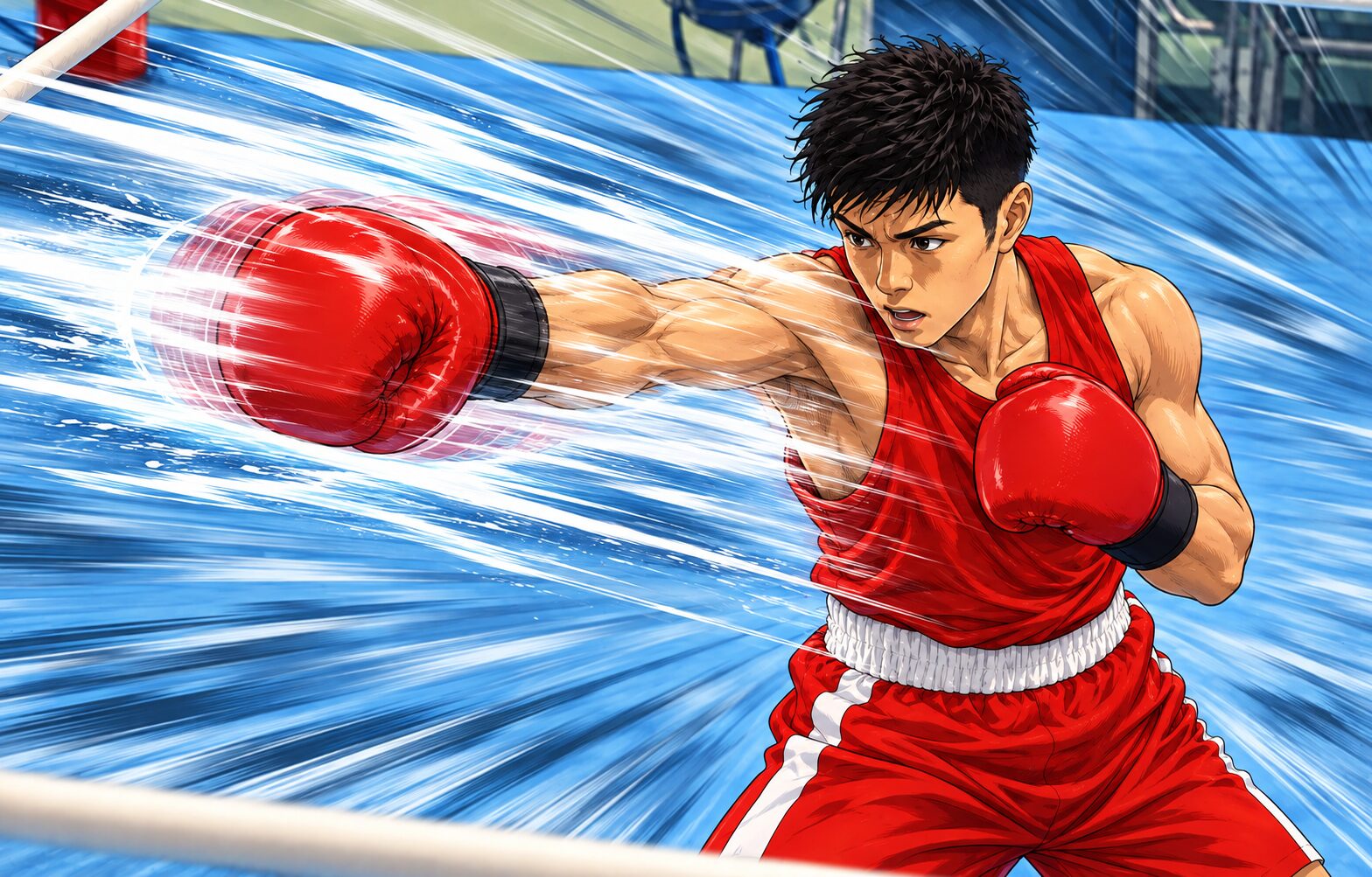赤いグローブの中野幹士が、風の軌跡と拳の残像を伴うストレートを放つアニメ風イラスト