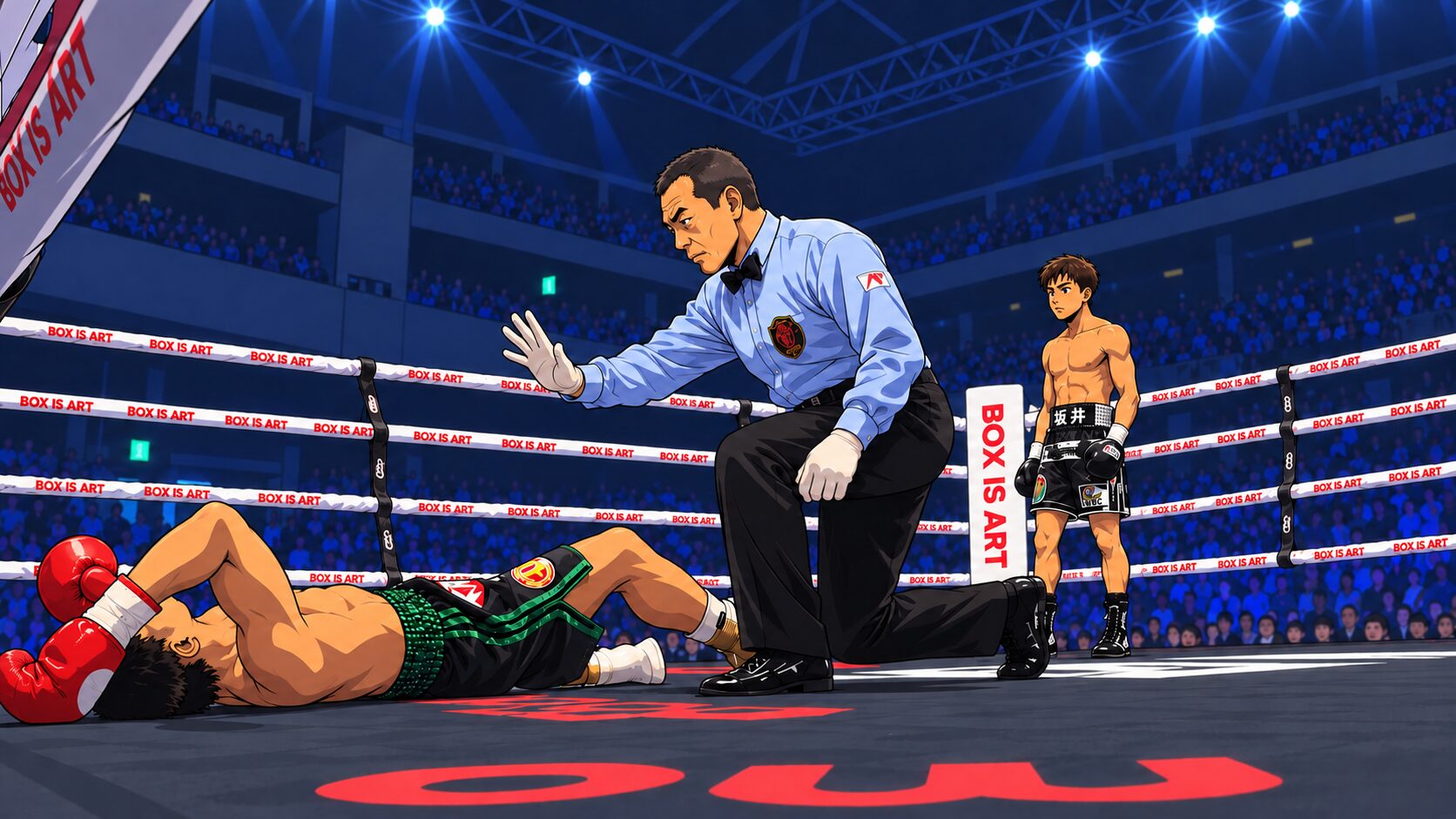 坂井優太vsペッチの4回ダウン場面をもとにしたアニメ風イラスト