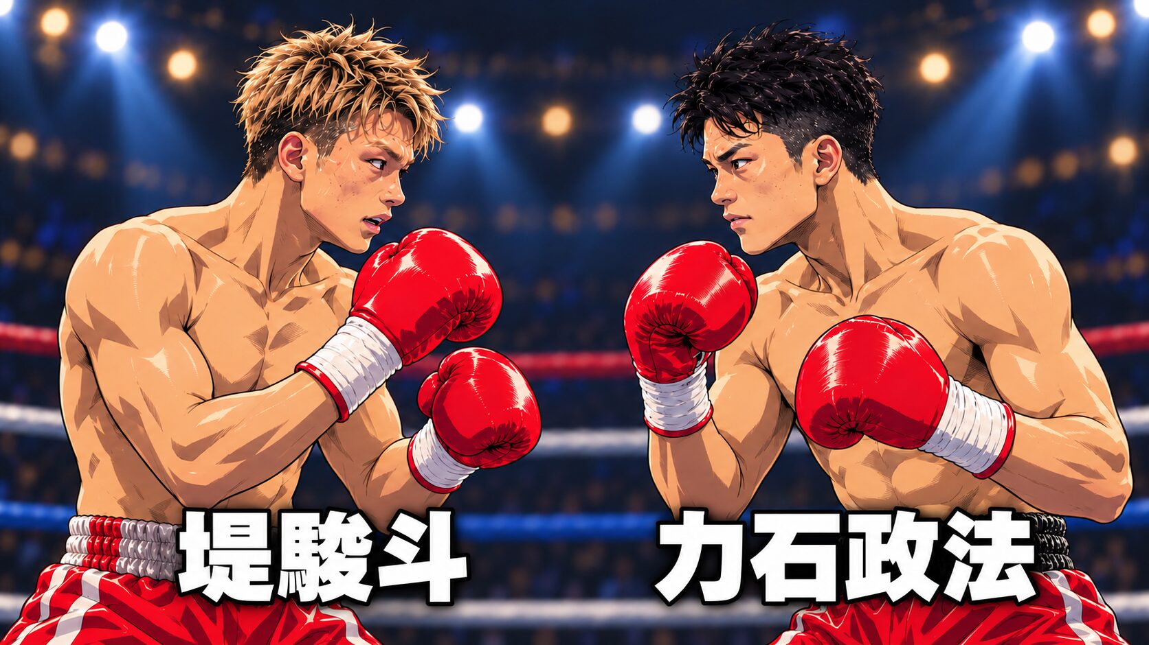 堤駿斗（左）と力石政法（右）が向かい合う名前入りアニメ風イラスト